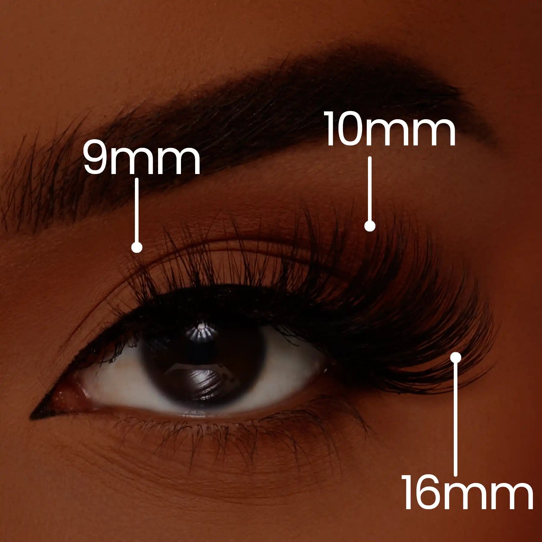 female model wearing IDGAF lashes showing length specifications from inner to outer eye:9mm, 10mm, 16mm