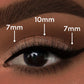female model wearing gemini lashes showing length specifications from inner to outer eye:7mm, 10mm, 7mm