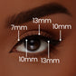 female model wearing lustrous lashes showing length specifications from inner to outer eye:7mm, 10mm, 13mm, 13mm, 10mm